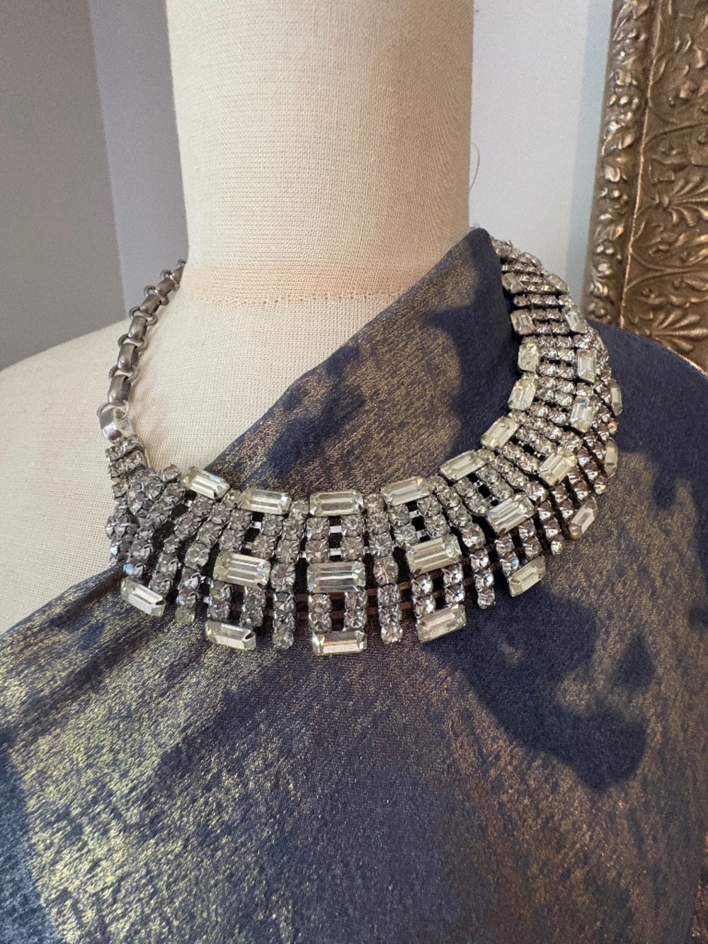 Vintage repurposed rhinestone silver tone necklace